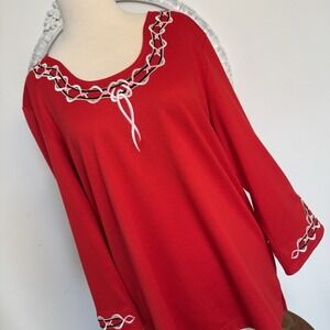 Bob Mackie Top Womens M Red Metallic Gold Art To Wear Statement 3/4 Sleeve Knit